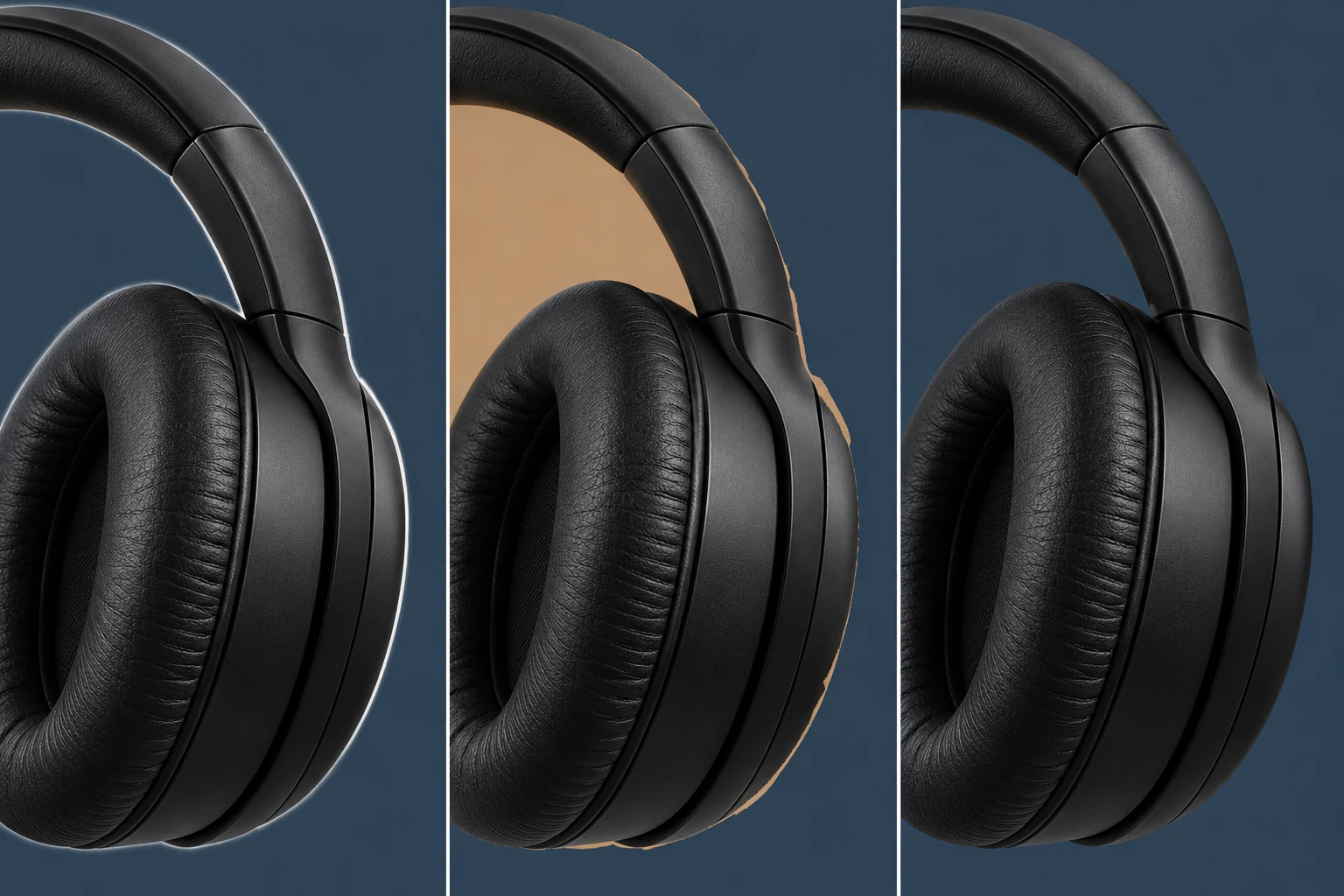 Headphone edge teaching comparison: white fringe on the left, tan background remnants in the middle and a natural outline on the right