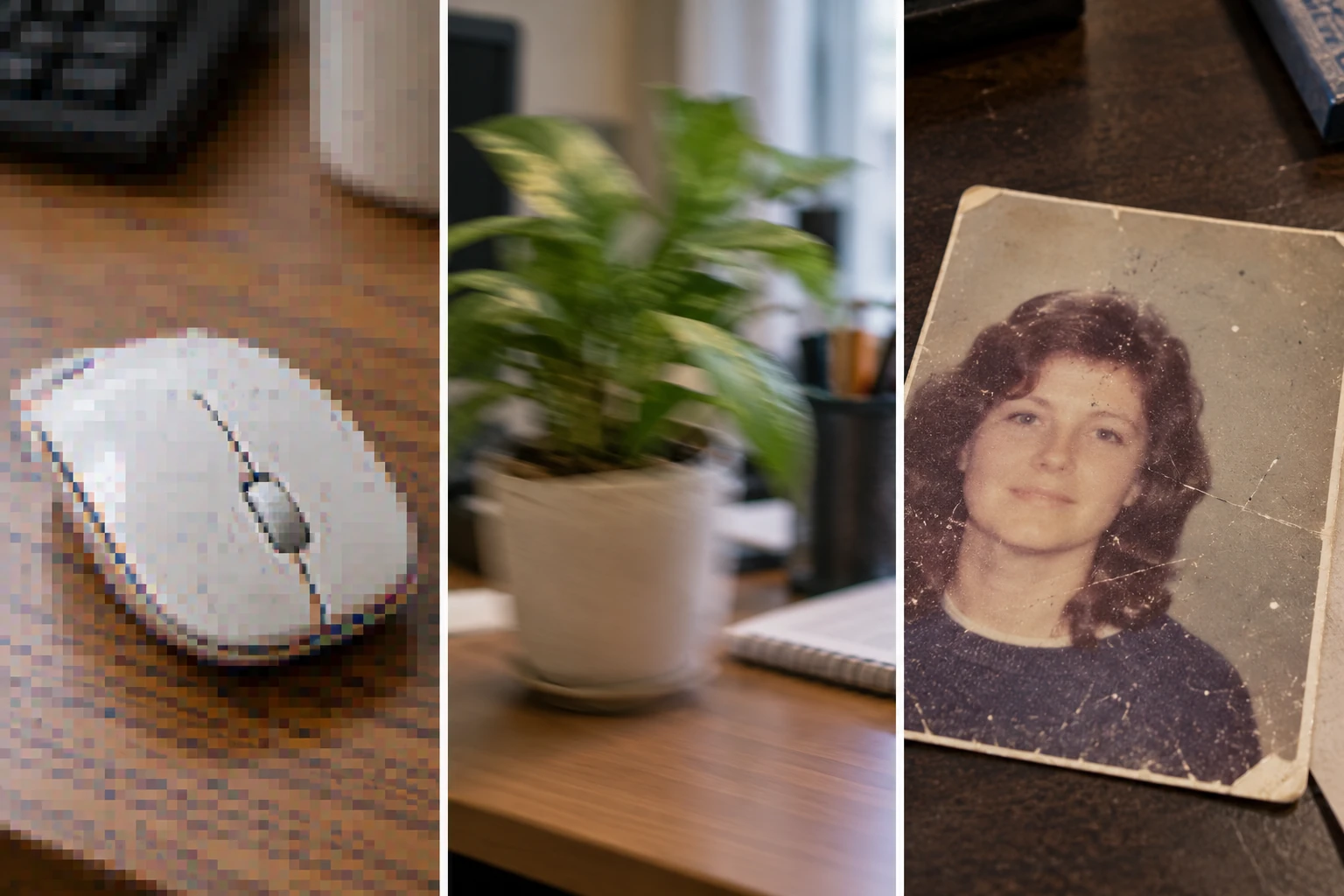 Three teaching inputs: a blocky mouse image, a blurred plant and a scratched old portrait