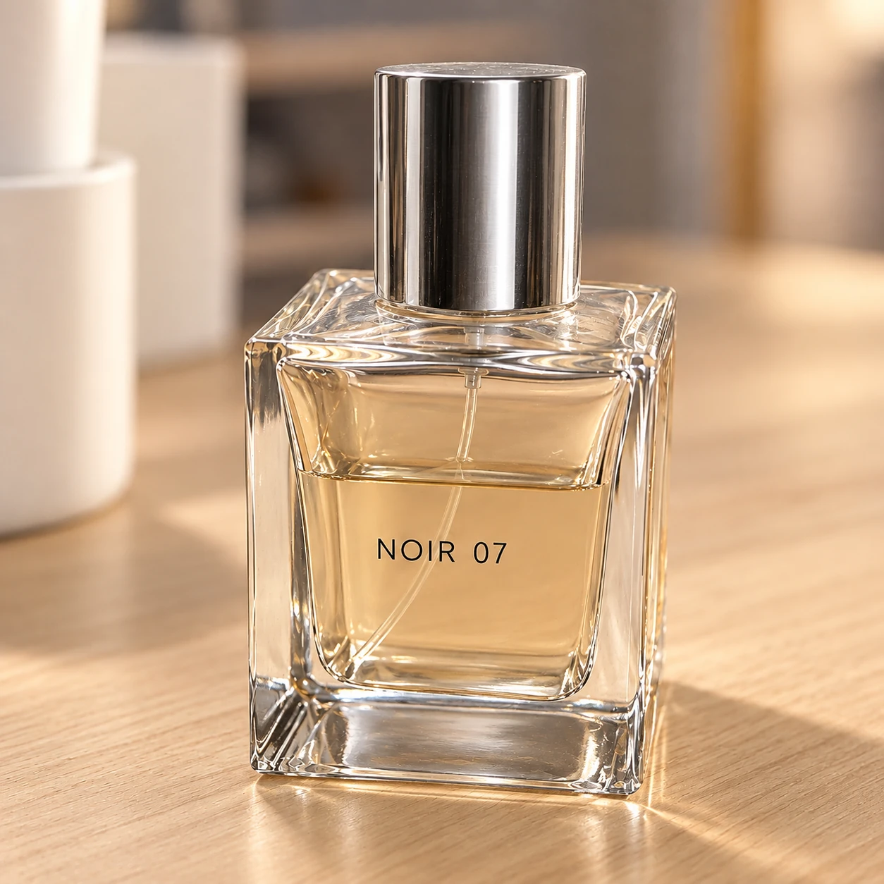 Retouched result: the same perfume, clean and clear, with crisp glass edges, a refined metal cap and a simple background