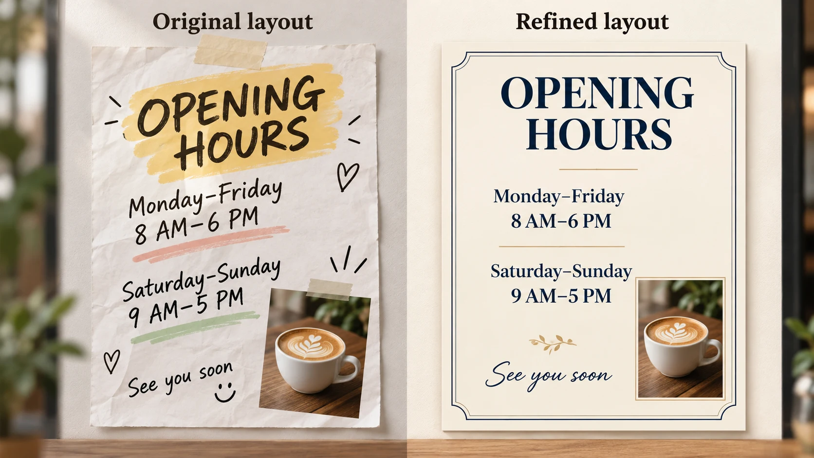 Dark blue on a light background improves contrast and groups the opening days and hours into a clear information block.