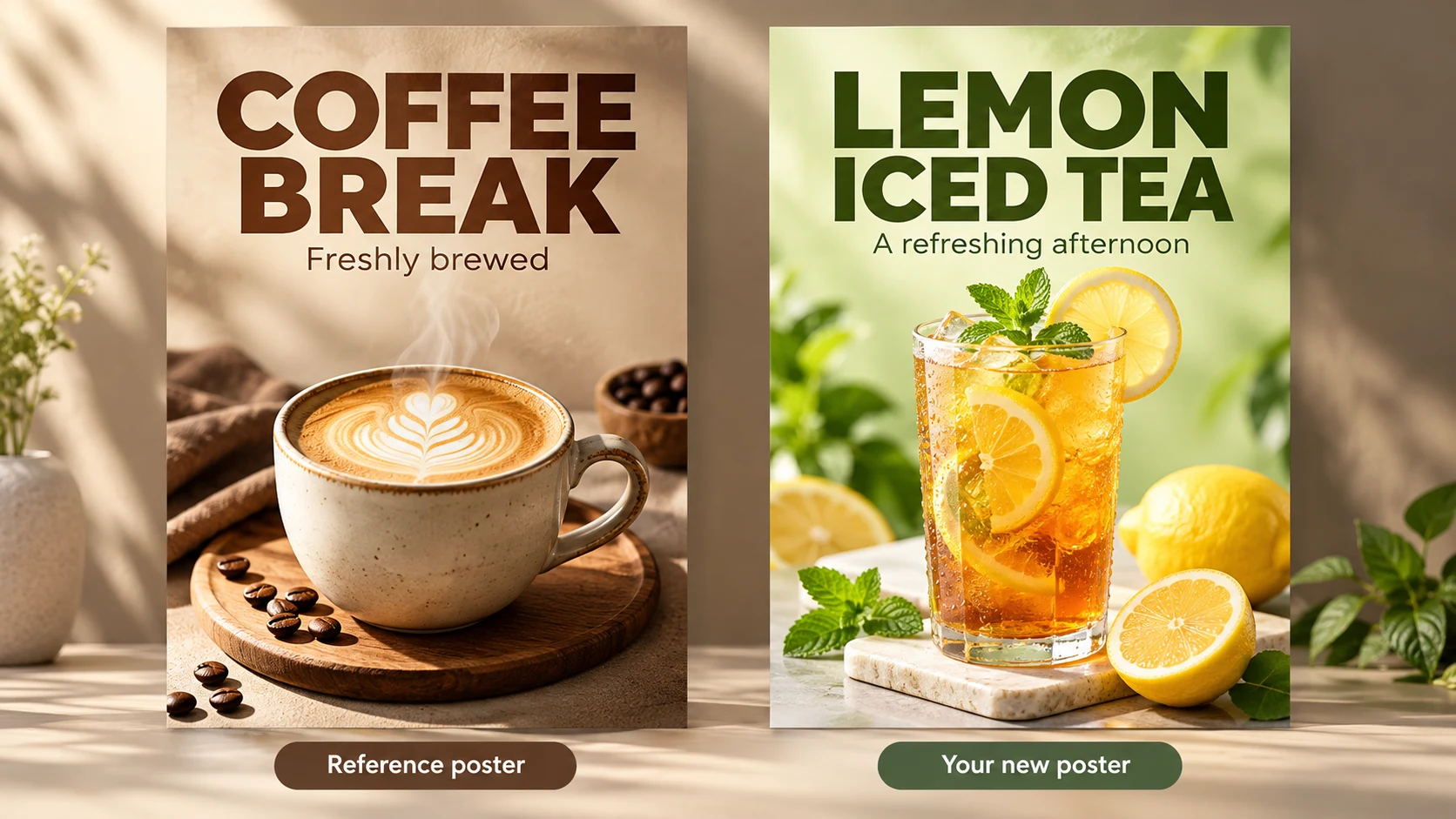 The illustration borrows the coffee poster's information hierarchy, replaces its product and wording with iced tea, and changes the palette to green and cream.