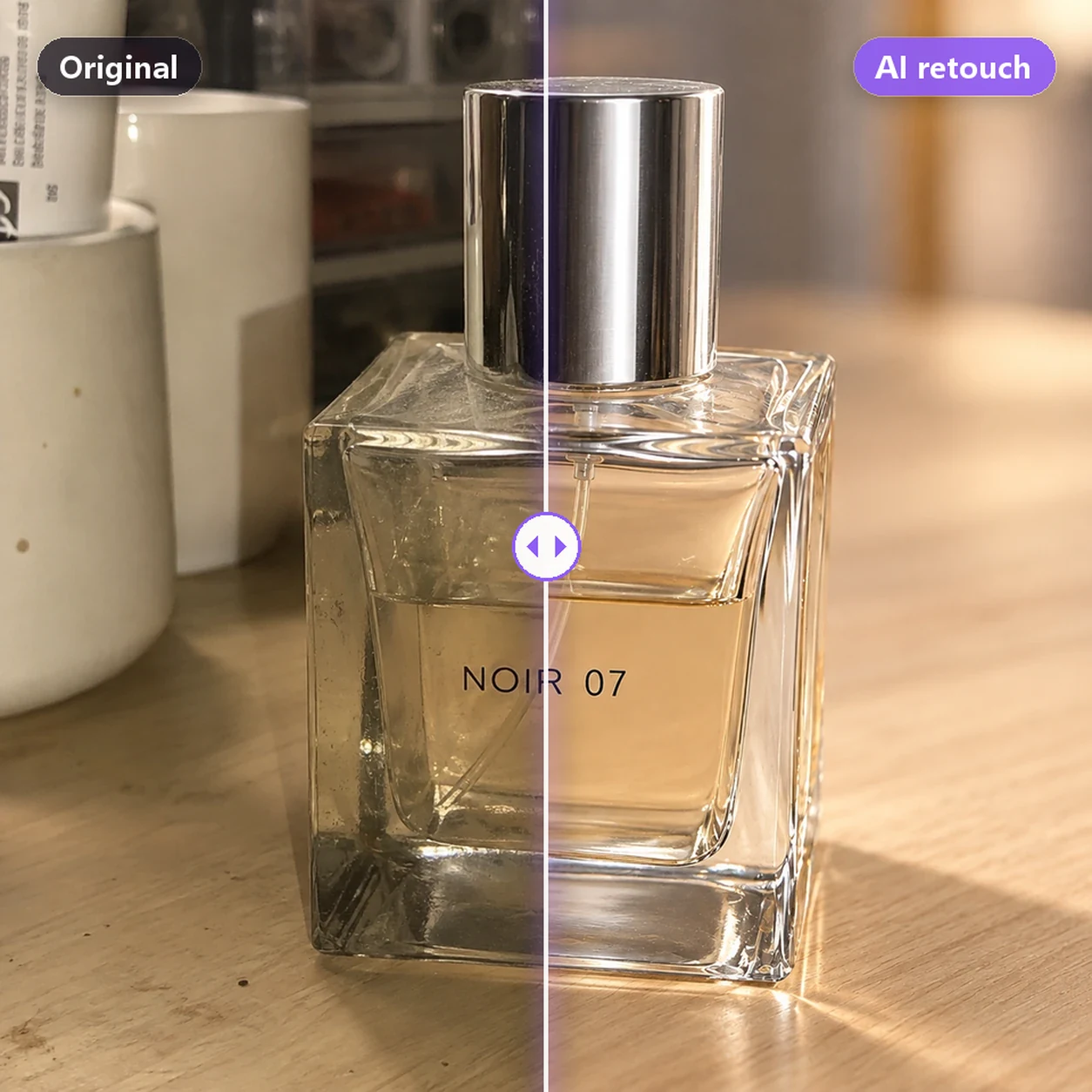 AI product photo retouching before and after: a casual perfume snapshot turned into a clean, crisp commercial product photo