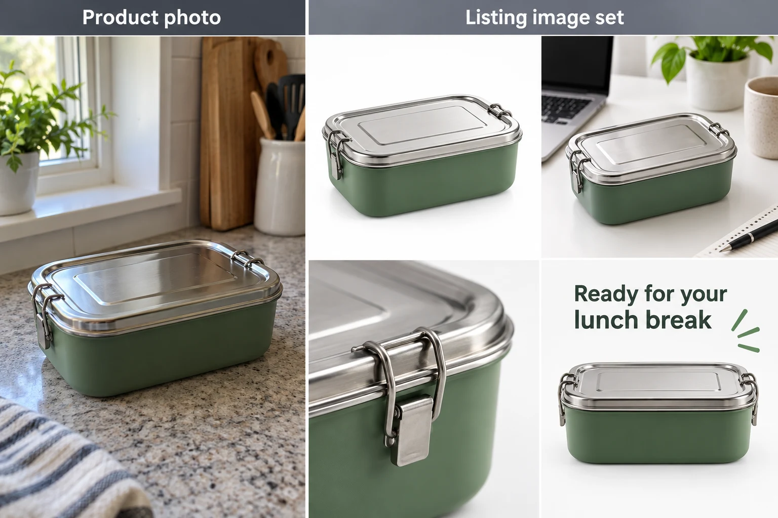 Illustrative lunch-box image-set board with a white-background hero, desk scene, clip detail and selling-point visual