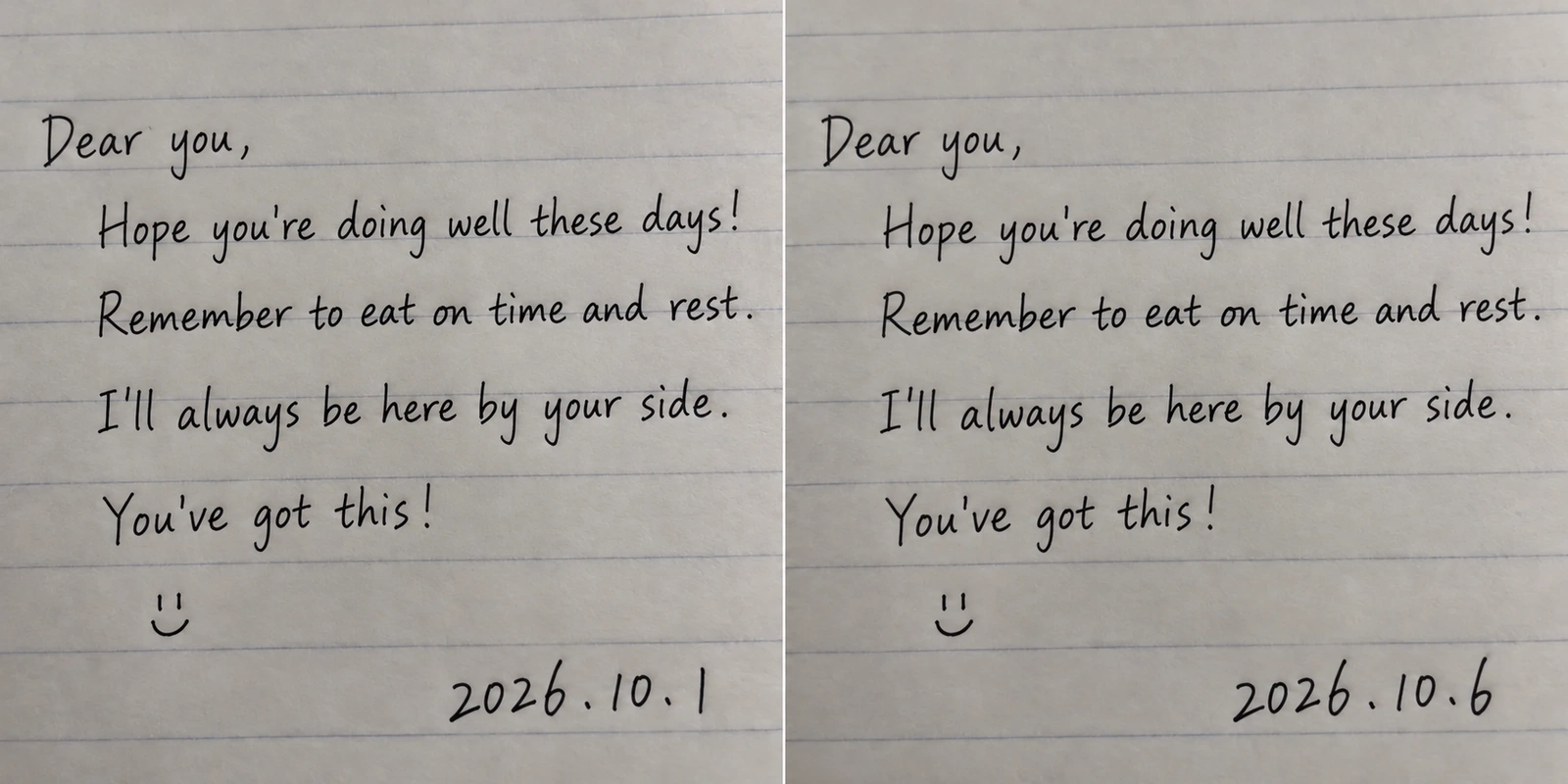 Change only the date on a handwritten note AI tutorial comparison: the original on the left marks the area to edit; A note handwritten in black on lined paper, dated “2026.10.1” at the bottom right.on the right, The same note with only the date changed to “2026.10.6,” preserving the body text and paper.