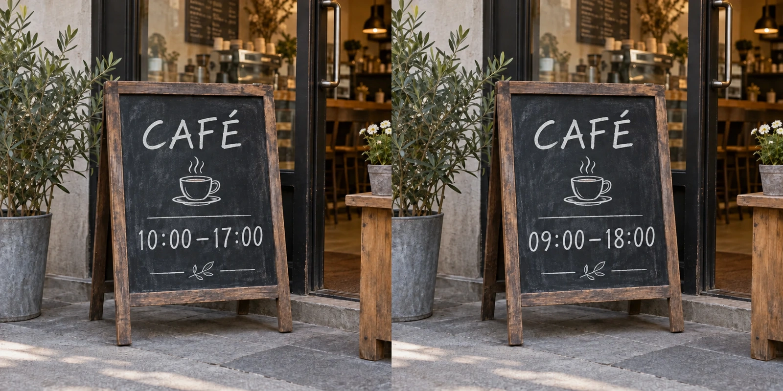 Update store opening hours AI tutorial comparison: the original on the left marks the area to edit; A small chalkboard beside a café door with clear white text reading “10:00–17:00.”on the right, The same chalkboard with the white text changed to “09:00–18:00.”