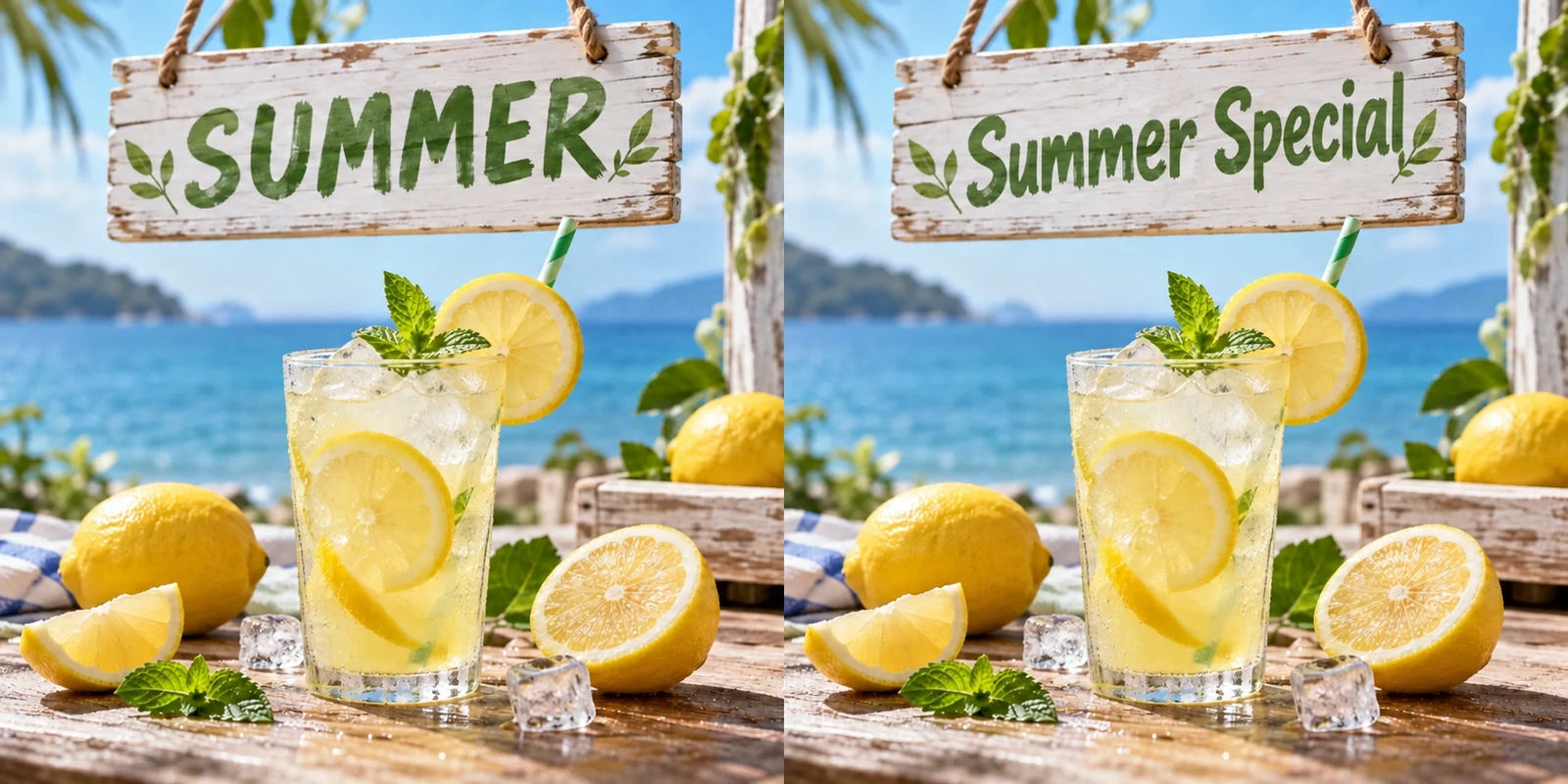 Update an event poster headline AI tutorial comparison: the original on the left marks the area to edit; A fresh lemon-themed poster with the large headline “SUMMER” at the top.on the right, The same poster with the headline changed to “Summer Special,” preserving the lemon composition.
