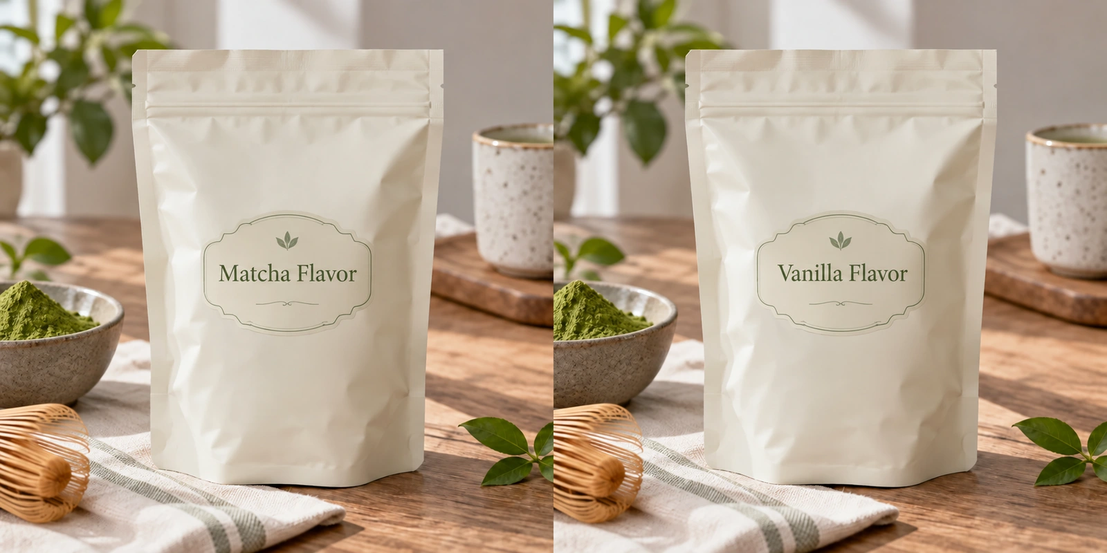 Update flavor text on packaging AI tutorial comparison: the original on the left marks the area to edit; An unbranded cream-colored pouch with “Matcha Flavor” clearly printed in the center.on the right, The same pouch with “Vanilla Flavor” in the center.