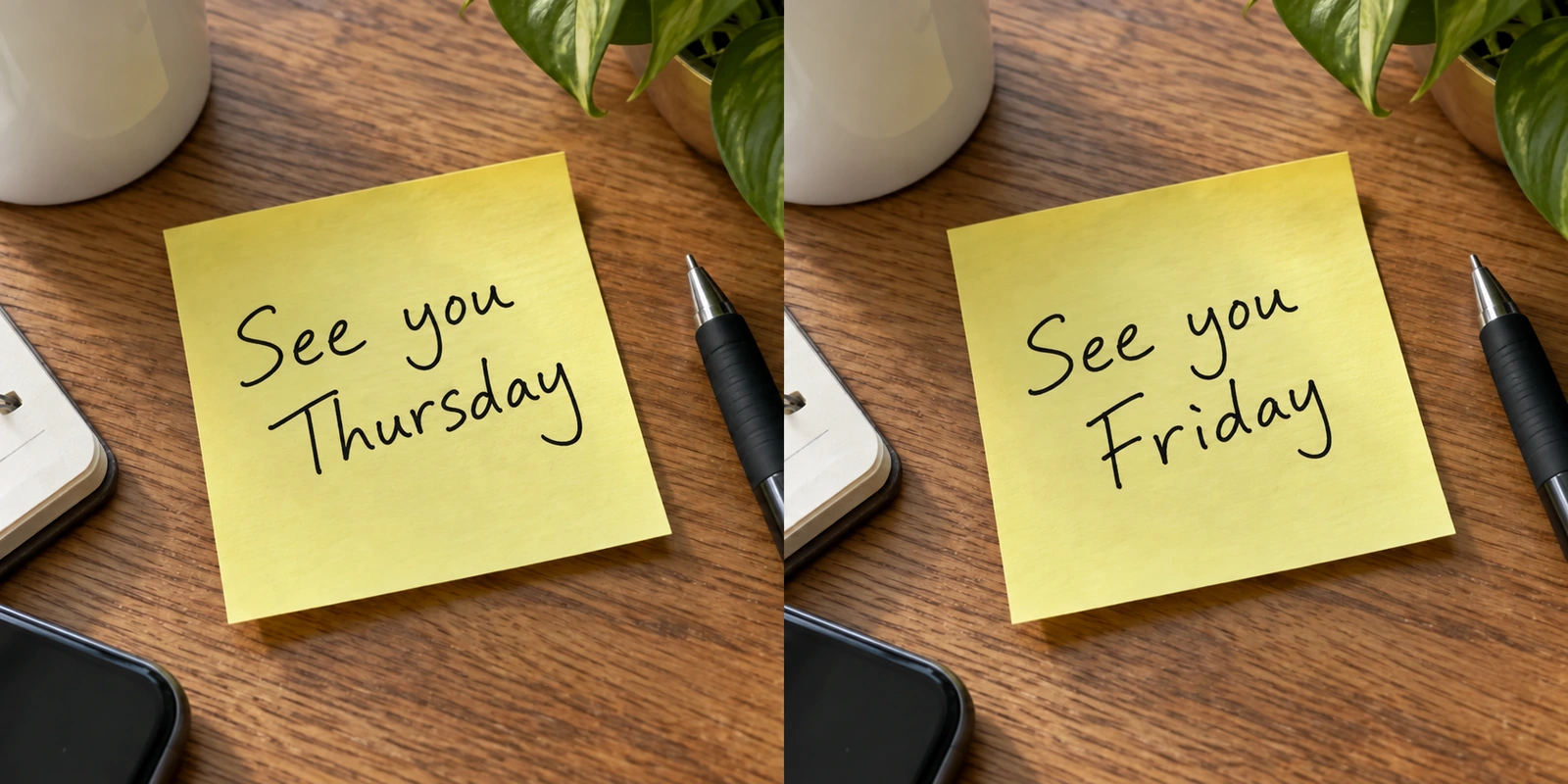 Edit a handwritten sticky note AI tutorial comparison: the original on the left marks the area to edit; A yellow sticky note on a wooden table with “See you Thursday” written in black pen.on the right, The same note with the handwriting changed to “See you Friday.”