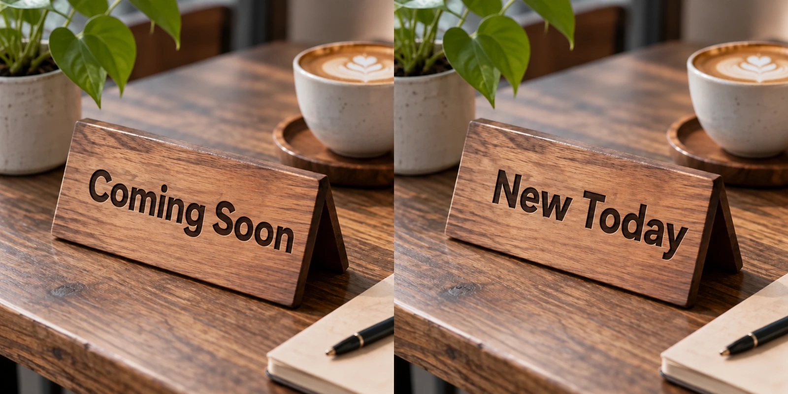 Edit text on an angled sign AI tutorial comparison: the original on the left marks the area to edit; A wooden tabletop sign photographed at an angle, clearly reading “Coming Soon.”on the right, The same wooden sign at the same angle, with text changed to “New Today.”
