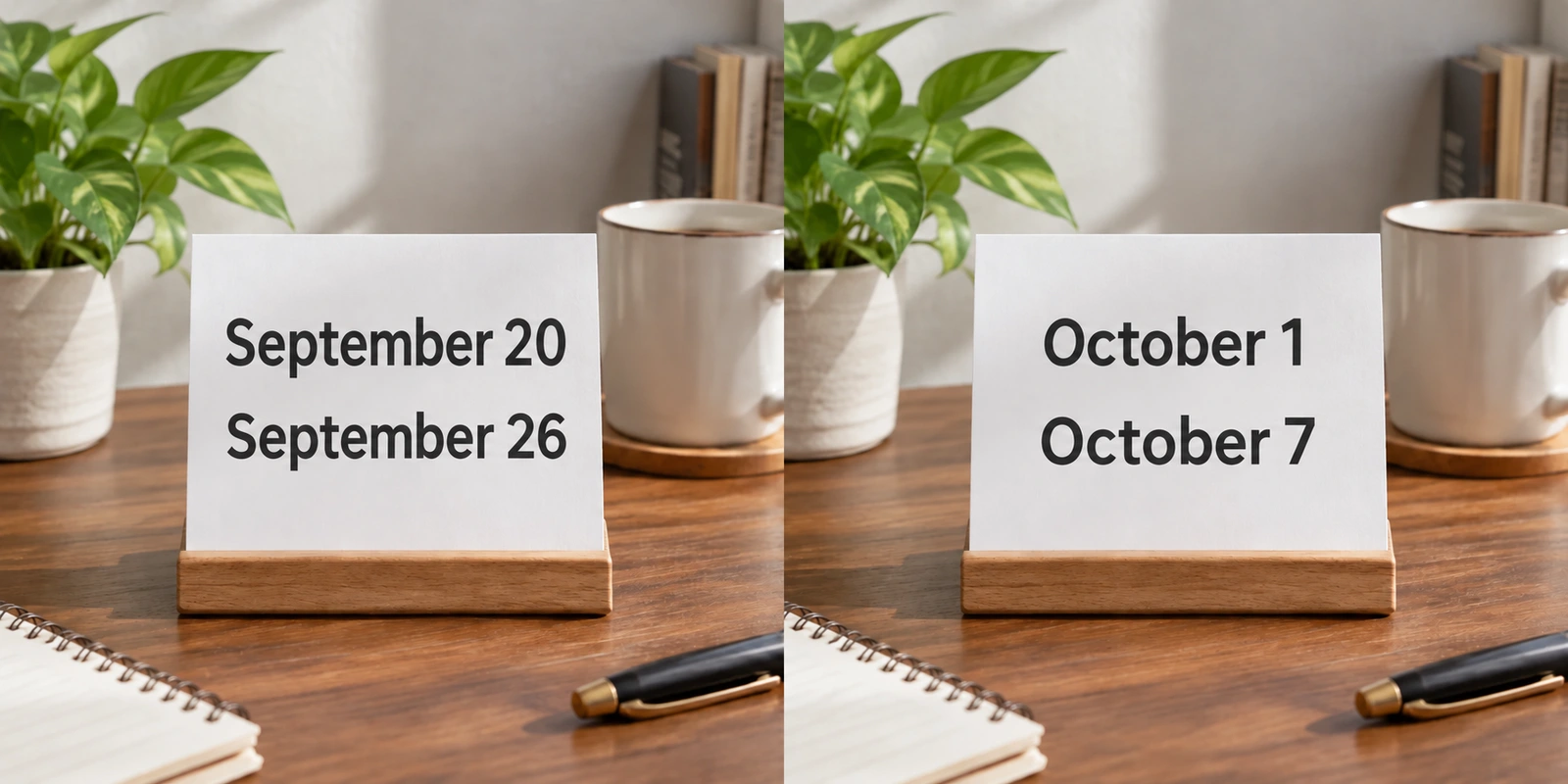 Replace two dates separately AI tutorial comparison: the original on the left marks the area to edit; A simple white schedule card with large text reading “September 20” above “September 26.”on the right, The same schedule card with the two lines accurately changed to “October 1” and “October 7,” from top to bottom.