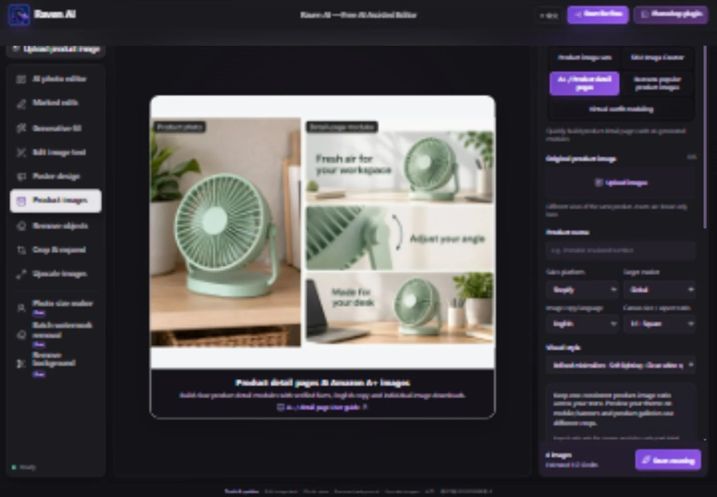 A clear detail page for a desk fan: actual English workspace and settings