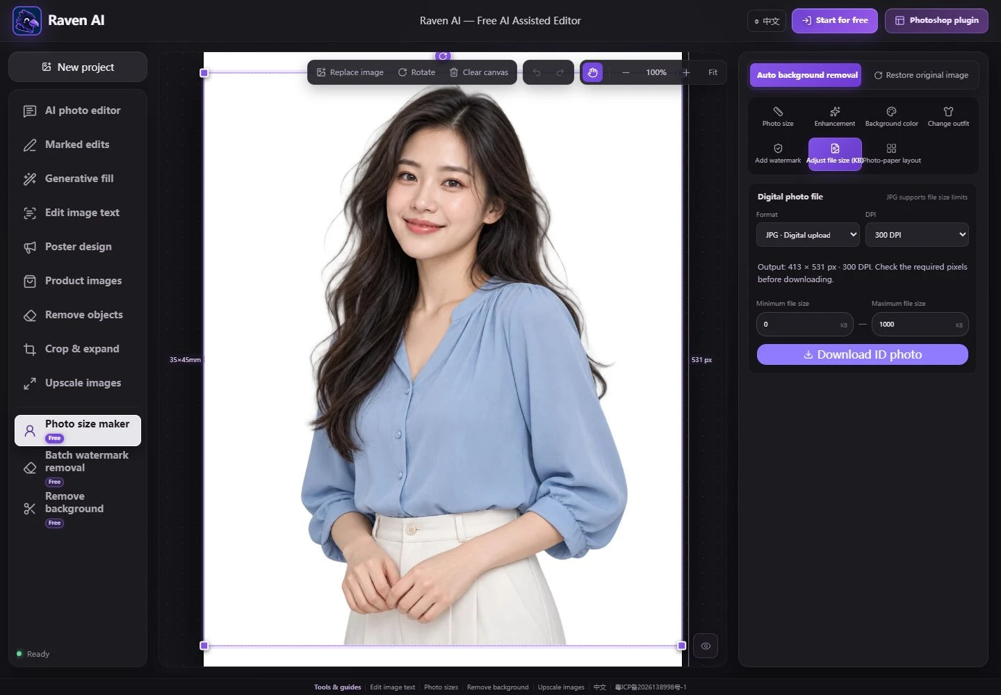 Raven AI photo size maker: control the digital file