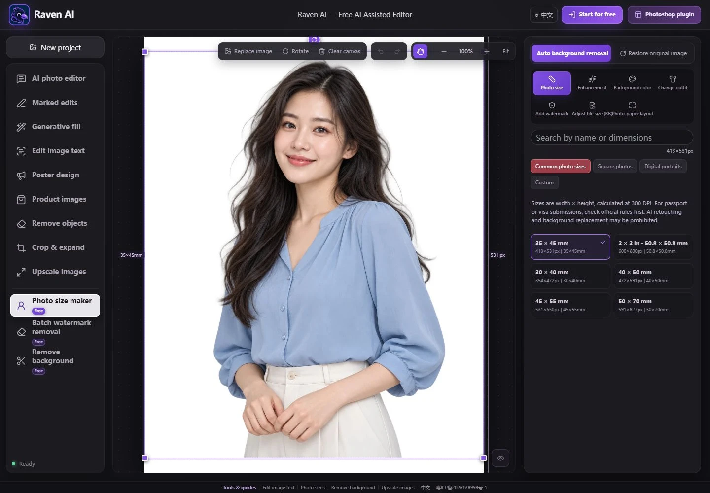 Raven AI photo size maker: choose exact dimensions