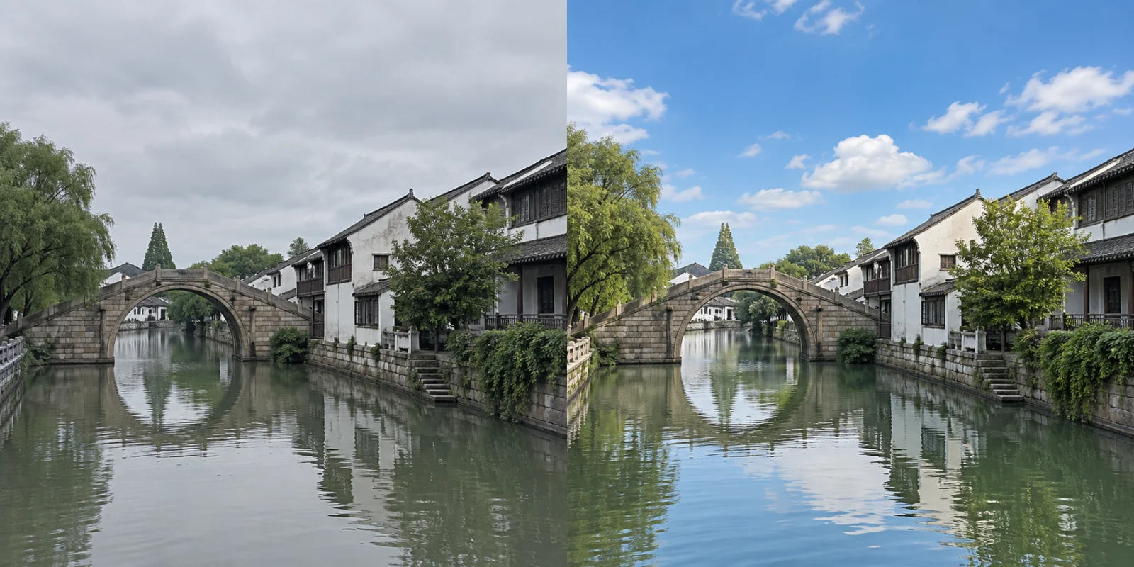 景区宣传照阴天转晴 AI 教学对比:左侧江南小镇石桥和白墙民居,阴天灰色天空。右侧相同石桥和民居构图,蓝天白云,柔和明亮日光。