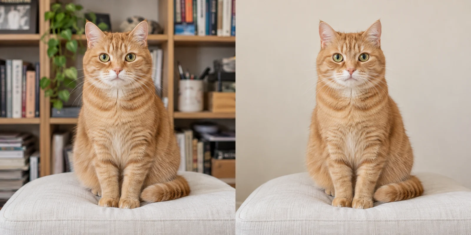 宠物照片改善背景 AI 教学对比:左侧橘猫坐在浅色坐垫,背景是杂乱开放书架。右侧同一橘猫和坐垫,背景成为干净浅米色墙面。