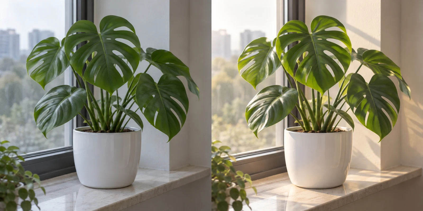 绿植照片改成清晨光 AI 教学对比:左侧白色花盆中的龟背竹放在窗台,光线平淡。右侧同样绿植和窗台,柔和晨光从侧面照入,叶片层次清楚。