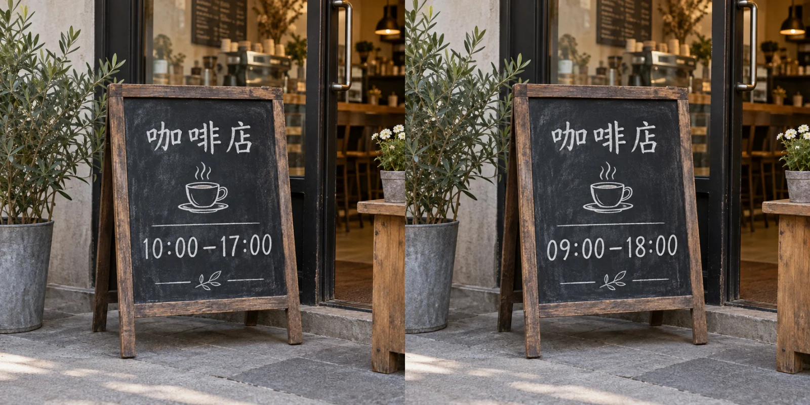 店铺营业时间更新 AI 教学对比：左侧原图标出需要处理的位置，咖啡店门边小黑板，清晰白字“10:00–17:00”。右侧同一小黑板白字改成“09:00–18:00”。