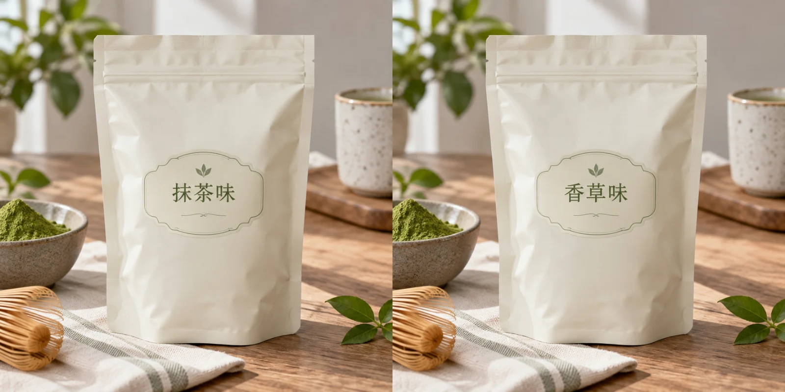 包装口味文案更新 AI 教学对比：左侧原图标出需要处理的位置，无品牌奶白色包装袋，中间清晰写“抹茶味”。右侧同样包装袋中间文字为“香草味”。
