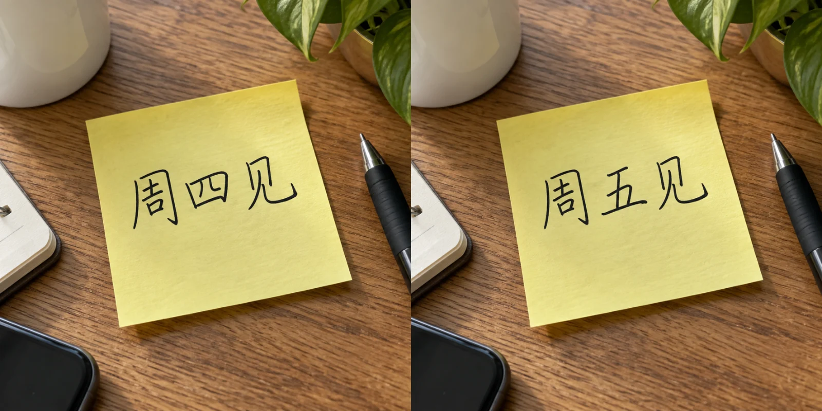 手写便签改字 AI 教学对比：左侧原图标出需要处理的位置，黄色便利贴用黑笔写“周四见”，贴在木桌上。右侧同一便利贴手写字变为“周五见”。