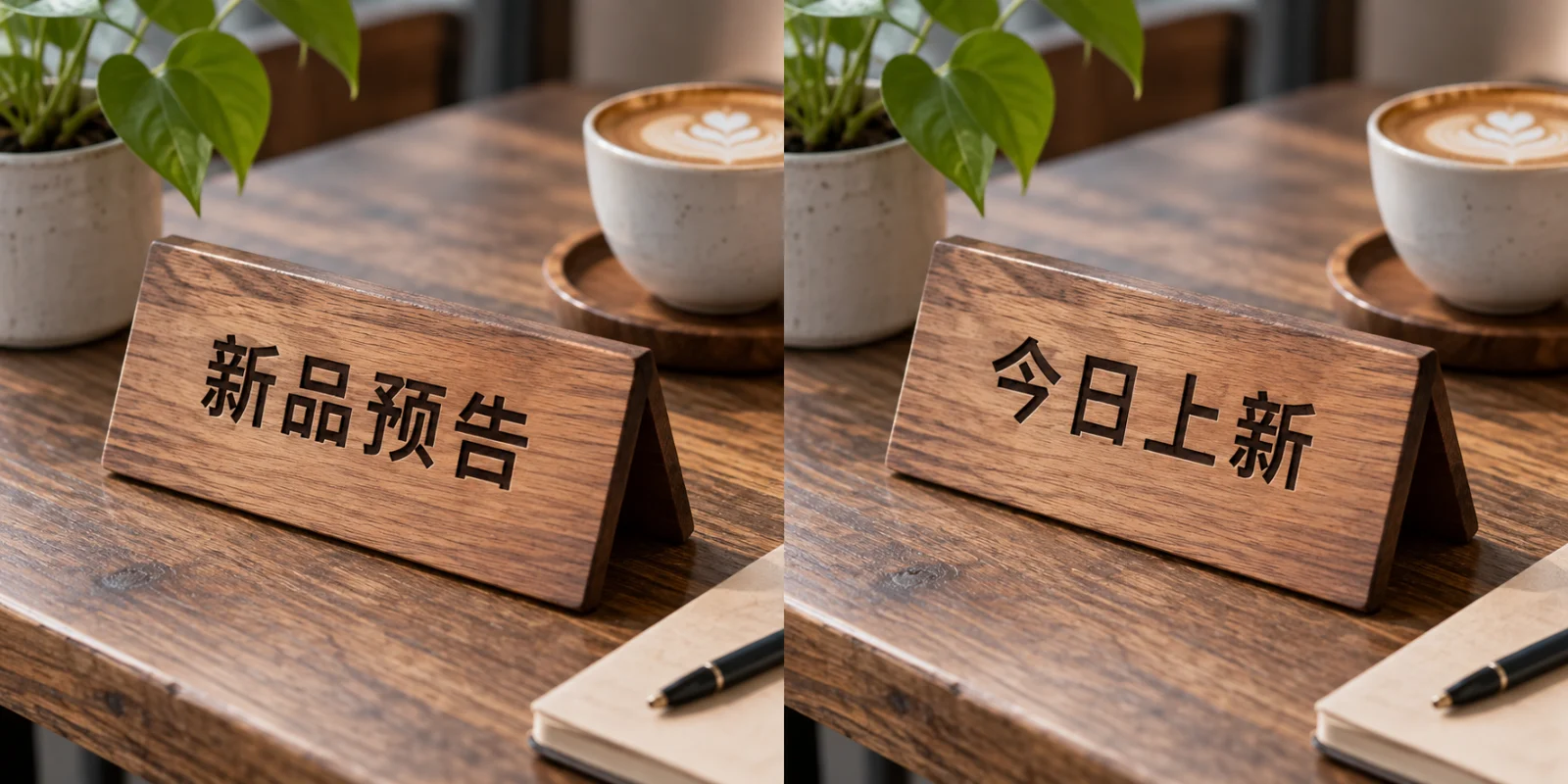 倾斜招牌改文案 AI 教学对比：左侧原图标出需要处理的位置，斜拍的木质桌面立牌，上面清楚写“新品预告”。右侧同样角度的木质立牌文字变“今日上新”。