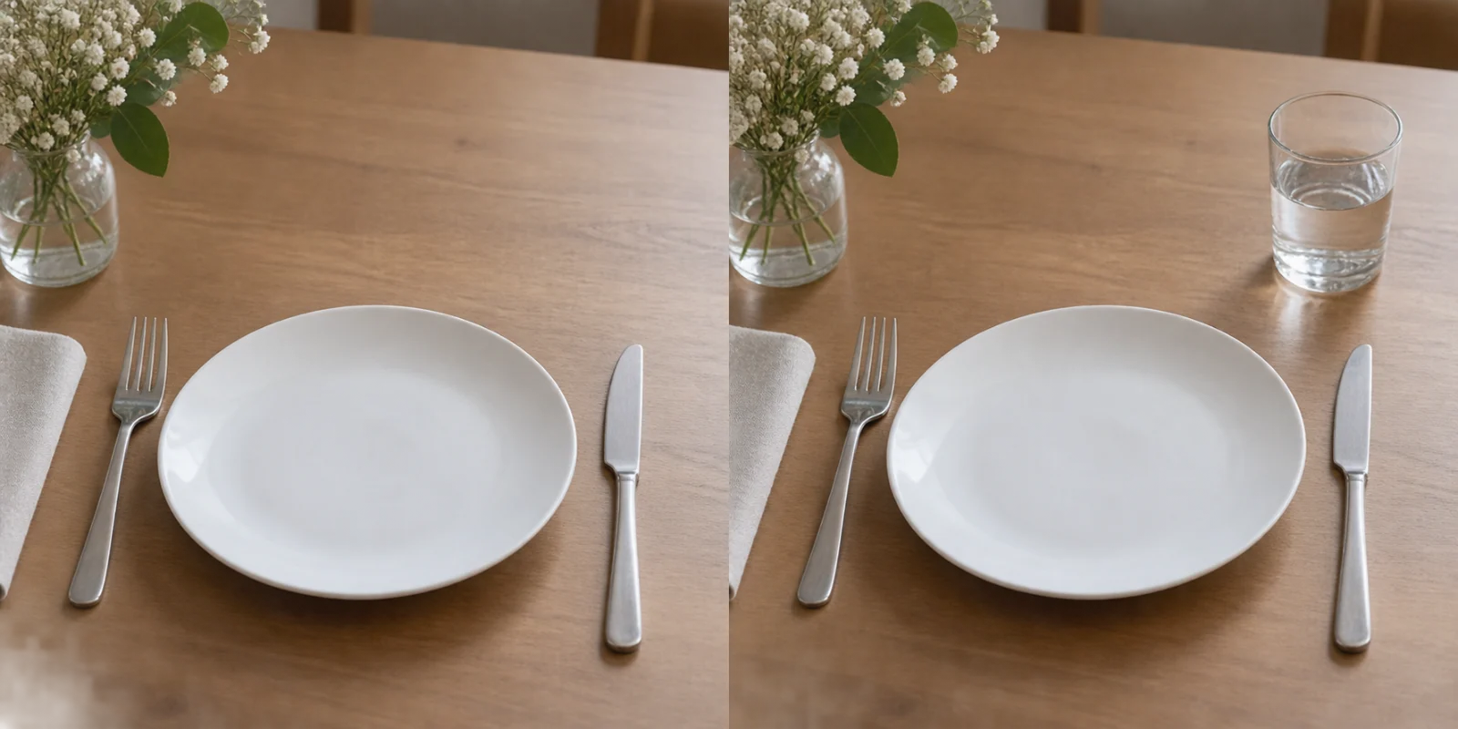 餐饮菜单图补一杯水 AI 教学对比：左侧原图标出需要处理的位置，餐桌上白色餐盘与银色餐具，右上方空白。右侧原桌面右上方新增半杯清水的玻璃杯。