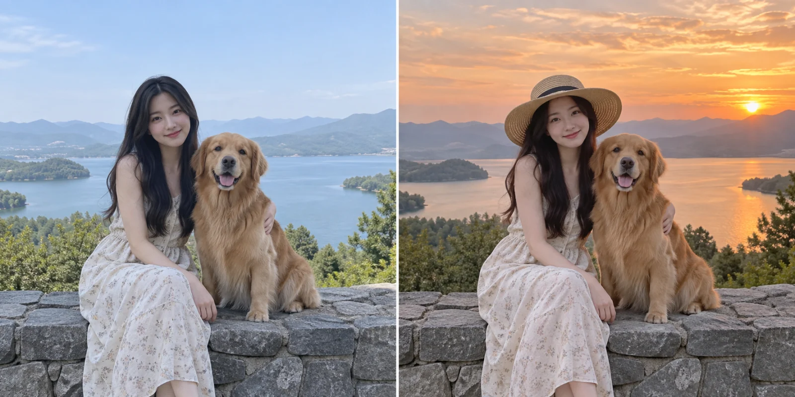 旅游宣传照换天空并加草帽 AI 教学对比：左侧原图标出需要处理的位置，女子与金毛犬在湖边合影，天空是普通白天，人物没有帽子。右侧同一合影出现暖色日落和自然佩戴的草帽，人物与狗不变。