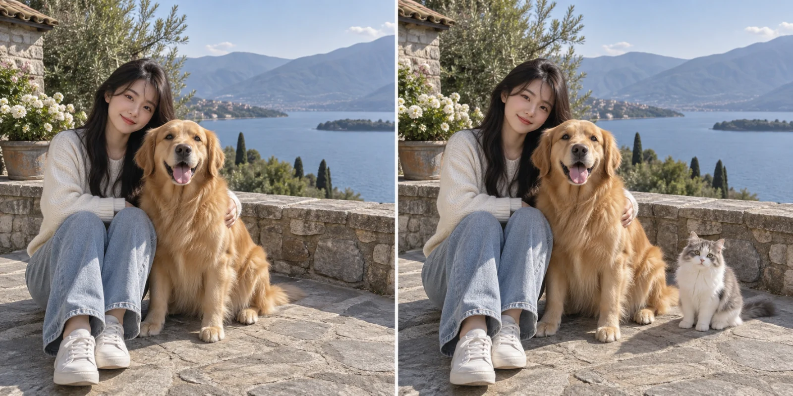 把参考图中的猫加入合影 AI 教学对比：左侧原图标出需要处理的位置，女子与金毛犬合影，右侧石地留有空位。右侧同一照片右侧多了一只坐着的猫，原有人物和狗不变。