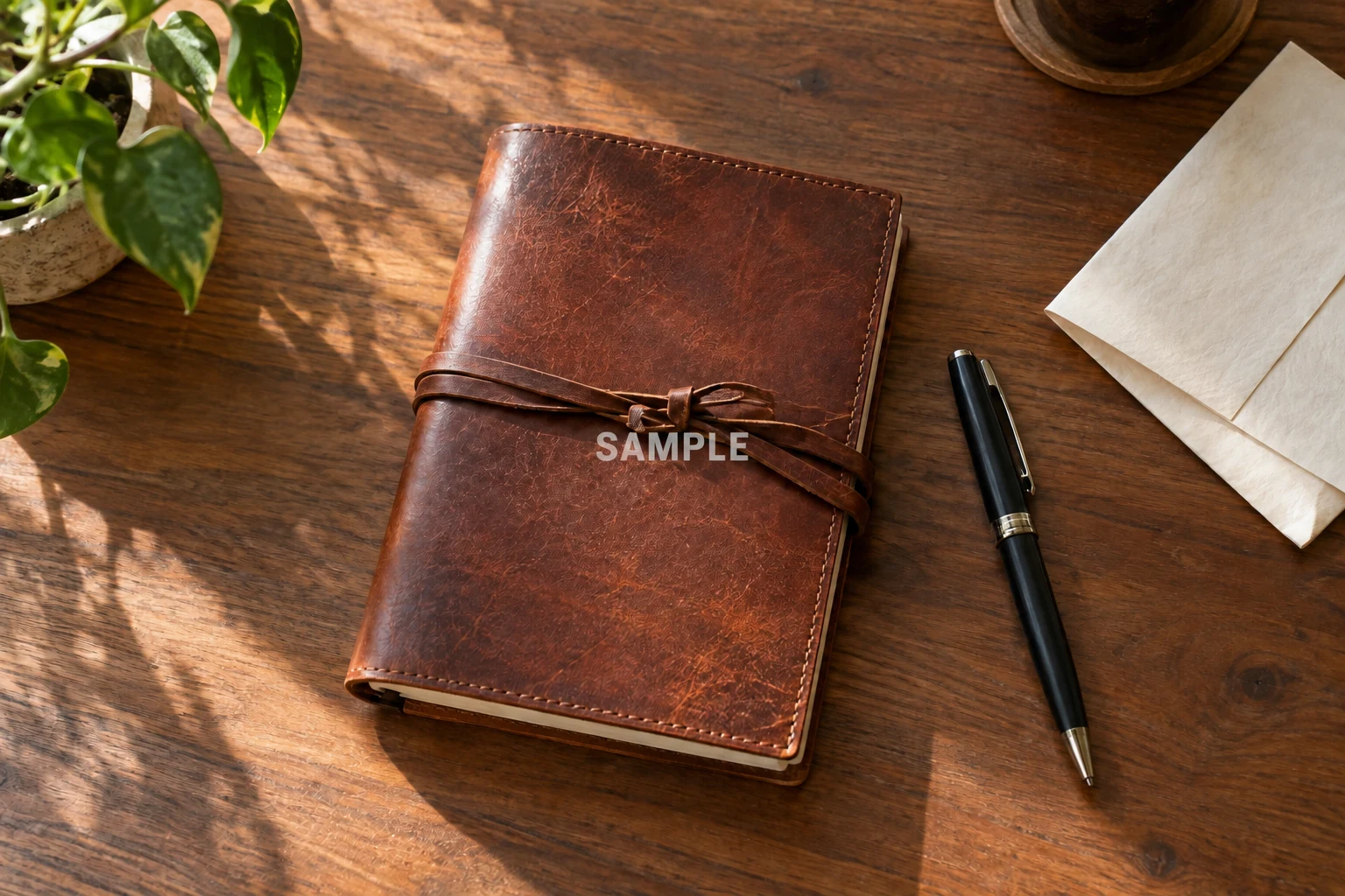 Before: SAMPLE text appears in the center of a leather notebook
